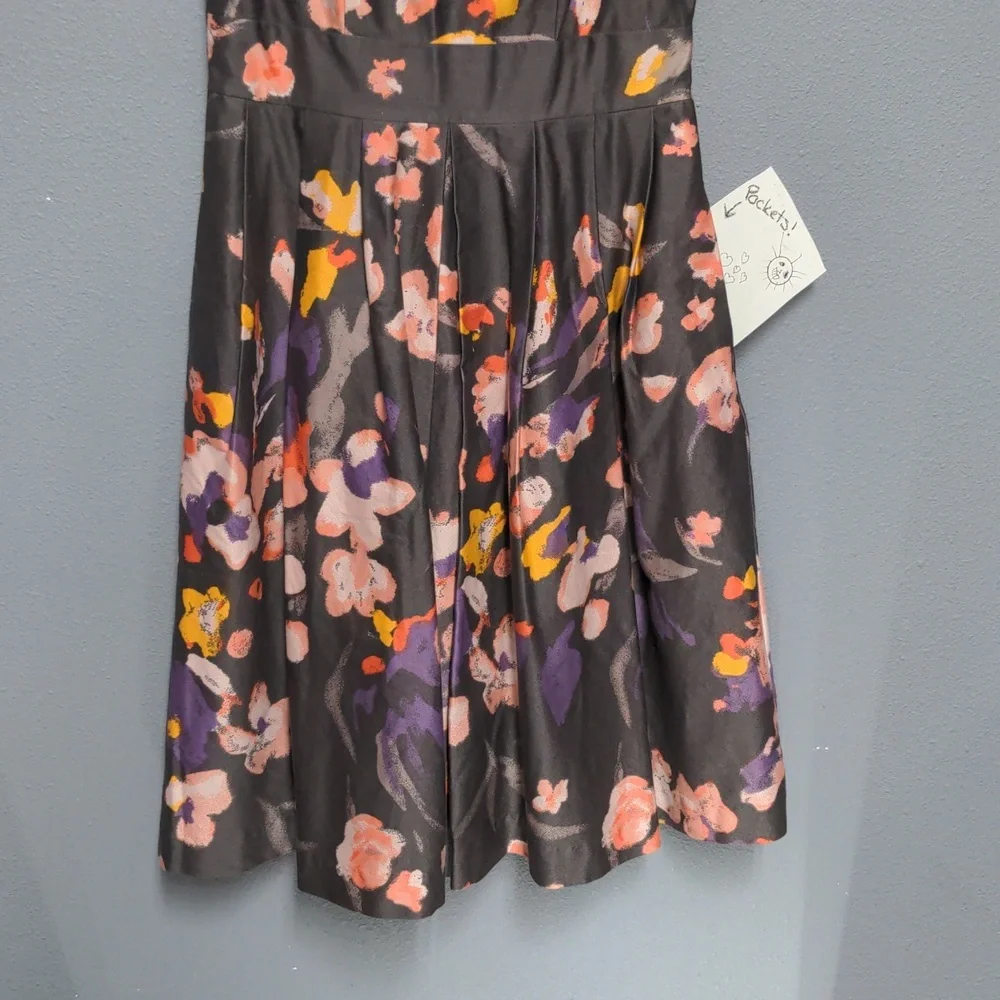 sz 6 Grey floral tea length dress sleeveless pockets fully lined hidden zipper - Picture 5 of 13